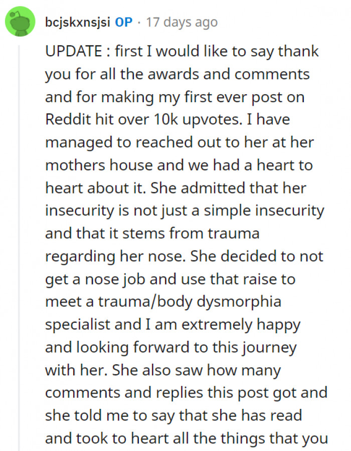 Well, after all those comments, OP provided an update regarding the situation, and fortunately, it seems like it's getting better for both of them.