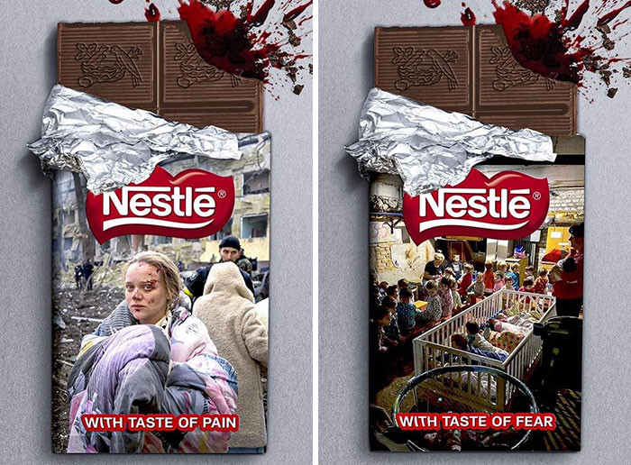 NAZVA, a designer clothing brand, reposted some edited Nestle chocolate bars that show their stance on the war