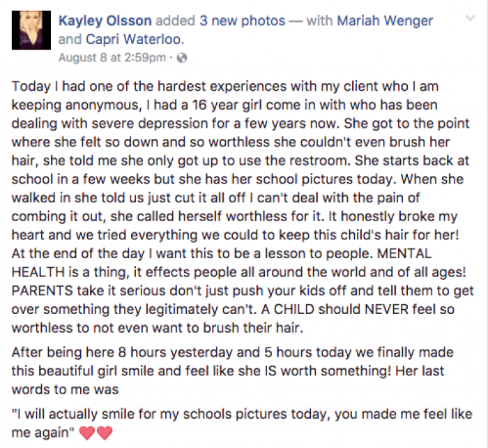 Kayley posted to her Facebook about the experience.