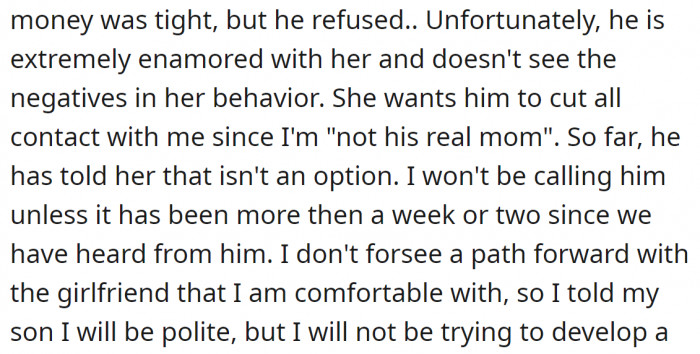 The girlfriend even wants to cut all ties with the original poster because she is a stepmom.