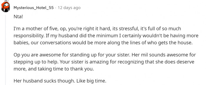 Here is another mother of five. Her husband is doing his part of the house chores.