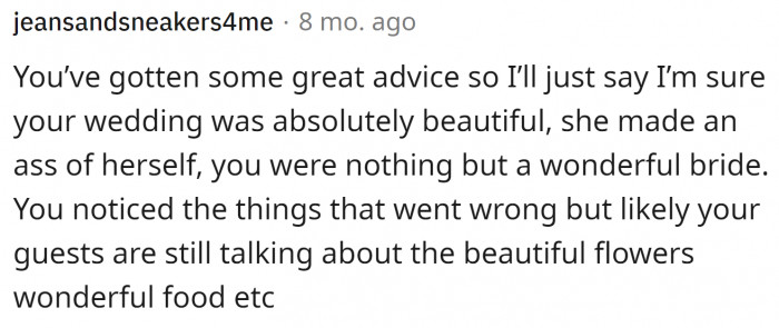 A bride shouldn't be this stressed at her own wedding. It's entirely the mother-in-law's fault.