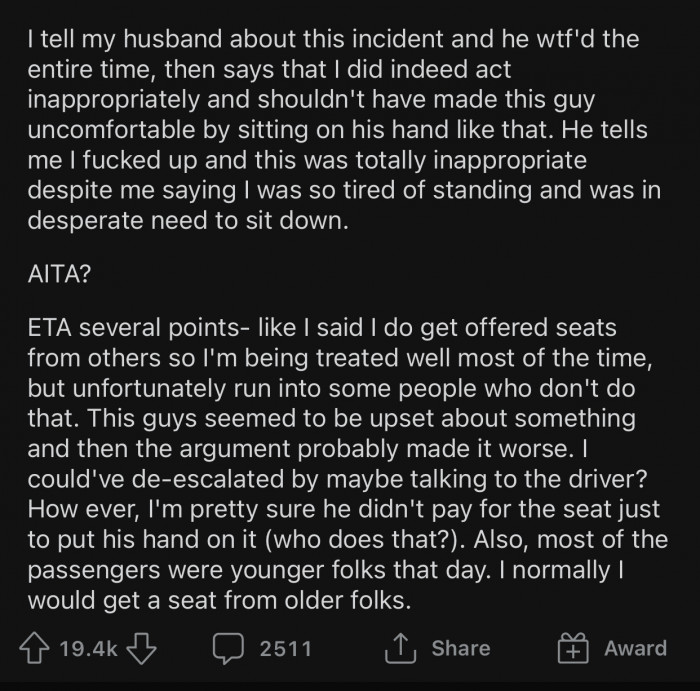 OP's husband even agreed with the man and said that what she did was inappropriate.