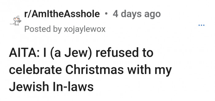 This Jewish mama came to r/AmITheAsshole to ponder to the masses if it was rational of her to decline taking her kids to her in-laws Christmas celebration.