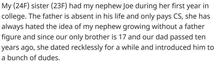 OP’s sister is a single mom in need of a father figure for her son