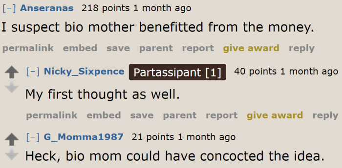 These Redditors don't trust the biological mother.