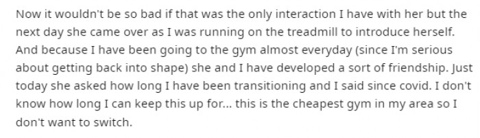 The gym instructor pops an awkward question, and the Redditor decides to go with the flow