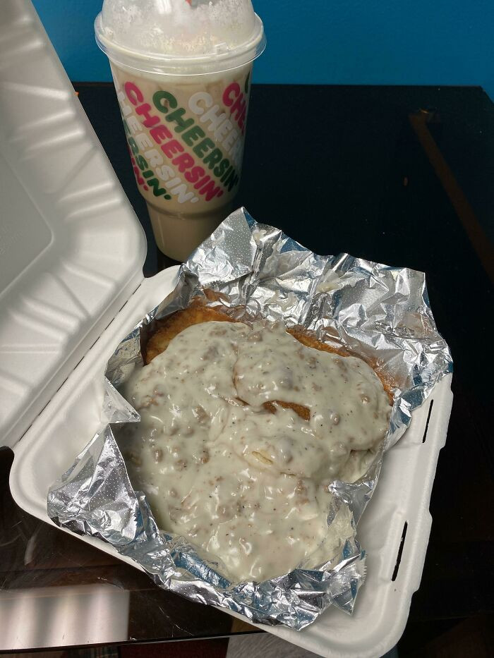 48. I mentioned to a family-owned diner that I wanted extra sausage gravy for my hash browns dipping, and here it is...