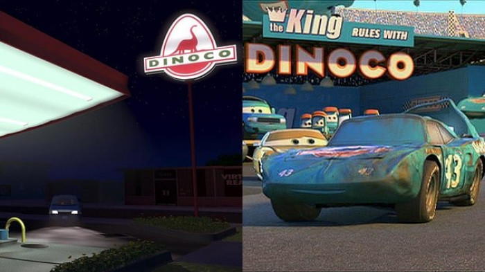 8. Dinoco is a logo typically seen in Pixar movies.