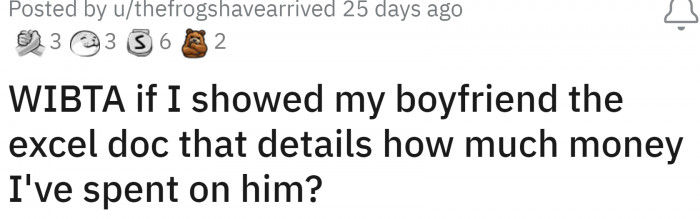 Can you be TA for showing your boyfriend the document that contains the total expenditure on him?