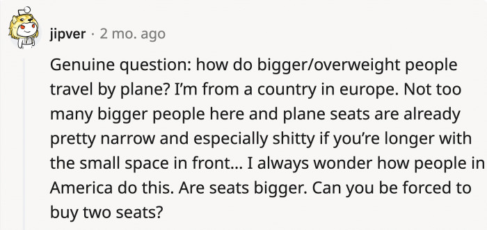 A Redditor asked how people who are possibly the same build as the middle-aged woman make their airplane experience more comfortable