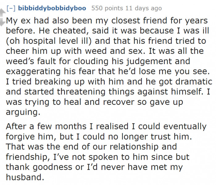 After her boyfriend's infidelity, she met her husband.