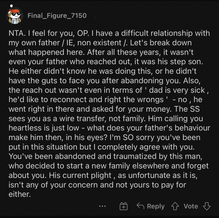 The father only sees OP as a wire transfer, not family.