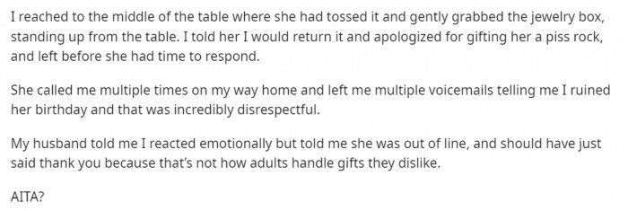 She stormed out of her mother-in-law's home after all that embarrassment.