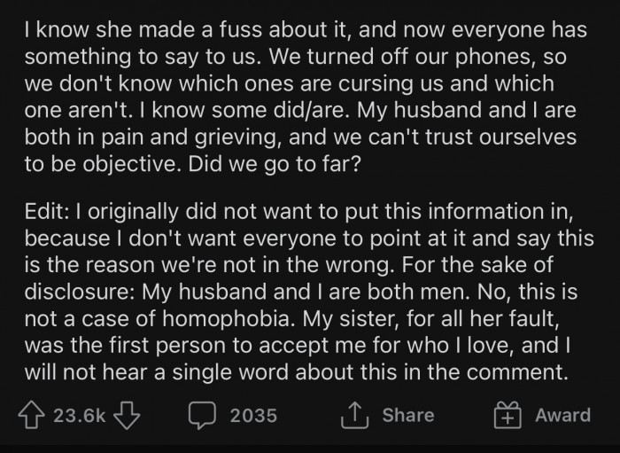 OP feared that she and her husband were not being objective because of their grief.