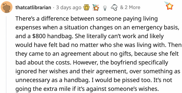 While others were quick to point out that there's a big difference between helping someone out financially during an emergency situation and receiving an expensive gift that was never agreed upon.
