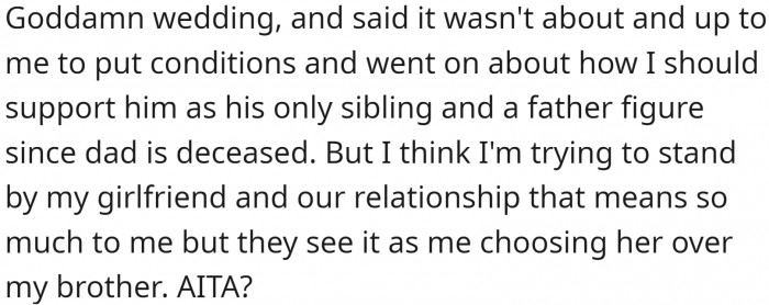 The groom expects OP to support him but does not want to support OP.