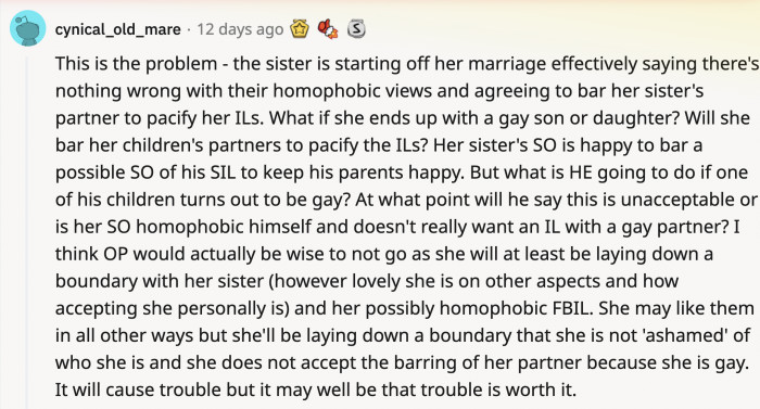 Someone called out how much the sister's action would affect future relationships