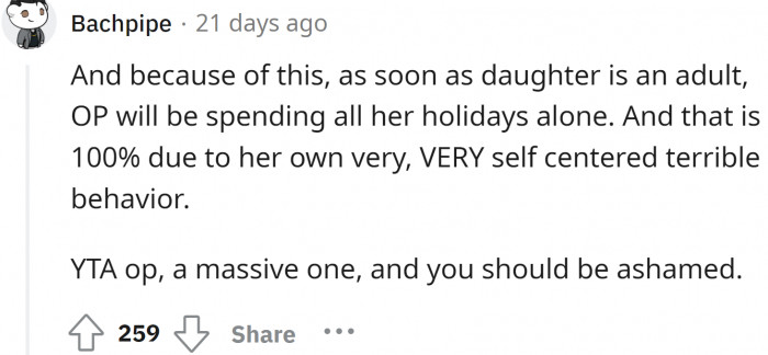 OP's daughter is for sure going to push her away and not look back at her toxic mother once she becomes independent. 