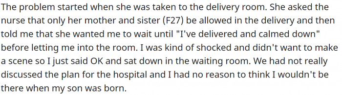 Only to find out that his wife wanted her mom and sister inside the delivery room