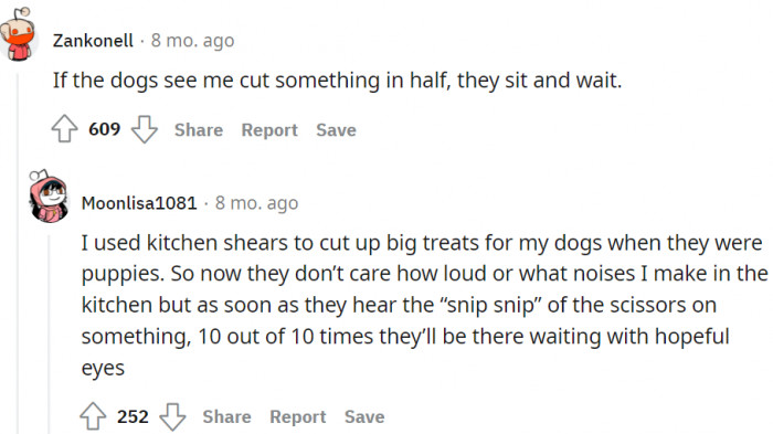 Cutting something in half means the dogs are getting each share of the big treats.