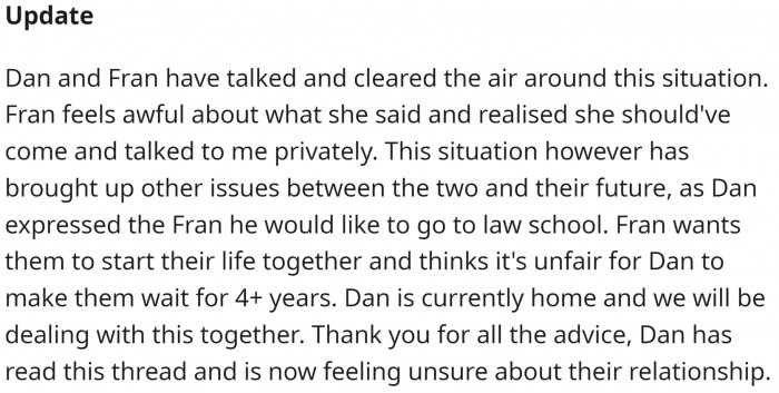 Fran treated her partner's mom as an obstacle between their love, even though the original poster was just looking out for them.