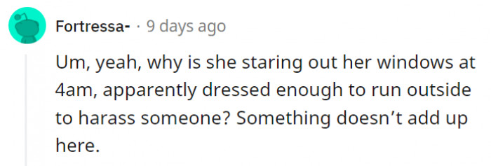 This lady is the one with suspicious intentions, not the jogger.