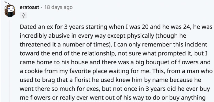 This Redditor sensed the love bombing the moment she saw the gifts.