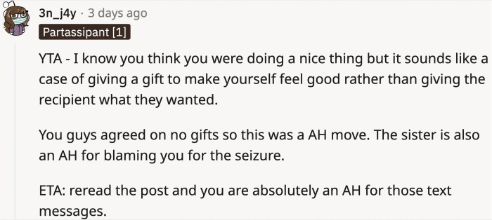 Others also think that the gift was really for OP. The gift was to make himself feel good and generous. It was done with no regard for the girlfriend's feelings.