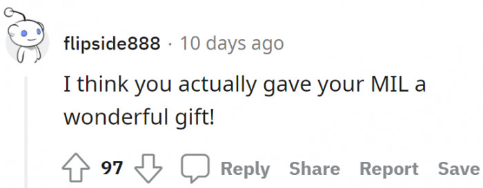 The husband gave his mother-in-law a wonderful gift.