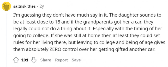 How about if she hits someone with her car? Will that give her parents control over her?