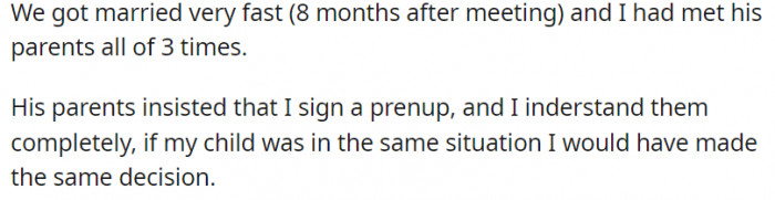 The Redditor's husband comes from a wealthy family, so his parents insisted that she sign a prenup.