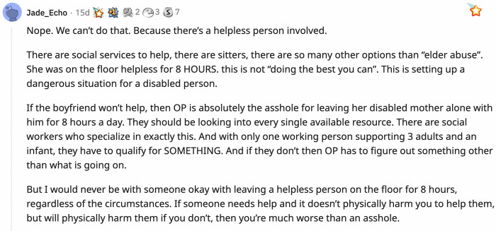This user thinks that what they did to OP's mom is inexcusable.