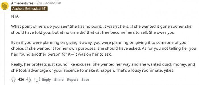 The roommate certainly owes her.