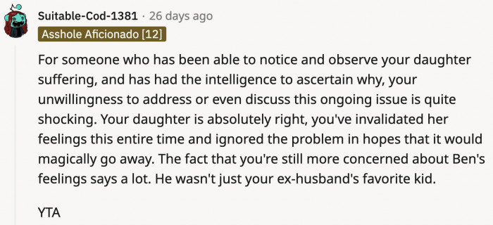 OP observed all the conflict and had practical assumptions as to why but never stepped in. There was a line to be crossed, and she stayed on the bleachers.