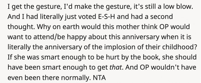 The mother somehow could figure out the meaning of the book but isn't aware of how affected OP would be by celebrating their anniversary.