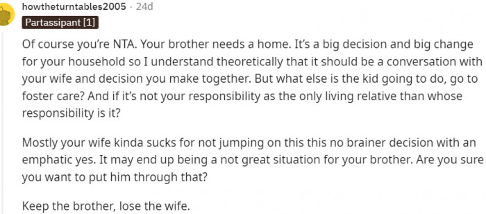 Keep the brother, lose the wife.
