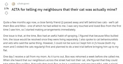 Is This Woman Wrong for Telling the Neighbors That Their Cat Is Actually Hers After Her Mom Gave It to Them?