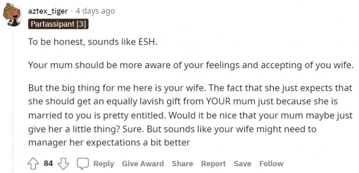 Others think that Alpha's wife needs to manage her expectations...