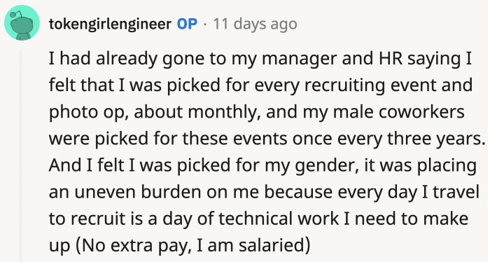 The gap between the times she was forced to participate in such events and the times her male colleagues were involved is significant.