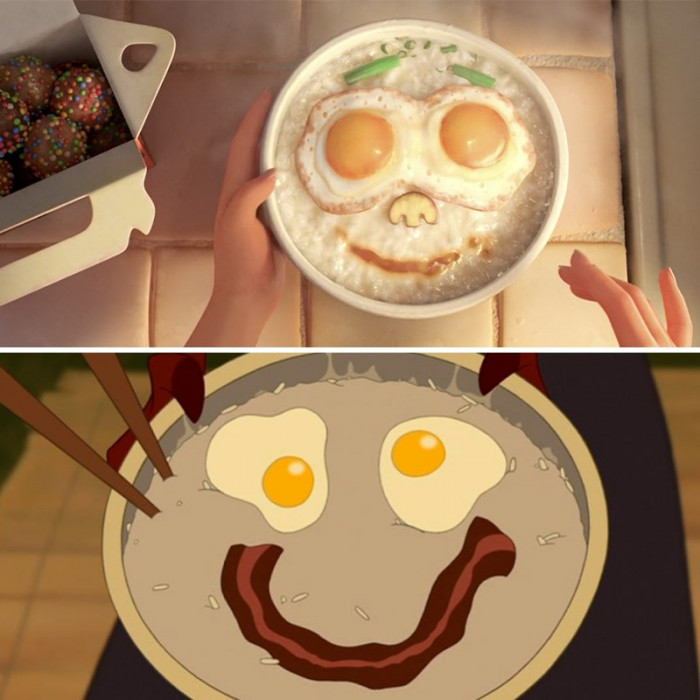 1. Ming makes Mei a breakfast with a smiley-face, just like Mushu made for Mulan.