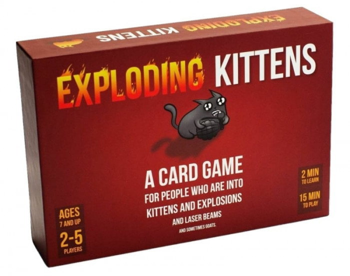 Exploding Kitten Card Game! Players keep drawing cards until they get the Exploding Kitten Card, which eliminates them from the game. However, the game contains special cards that can help you survive an explosion.