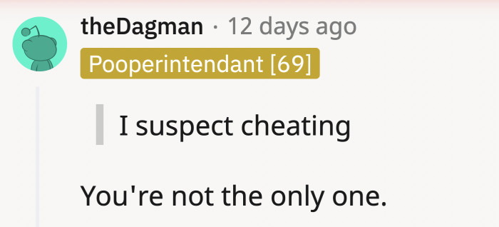 The strong suspicion of the therapist and husband having an affair persisted throughout the majority of the comments.