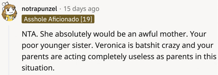 From what we've read, it's not difficult to conclude what kind of mother Veronica will be.