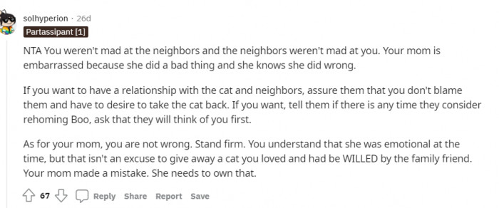 Another commenter suggests that her mom is embarrassed or upset just because she got caught doing something wrong.