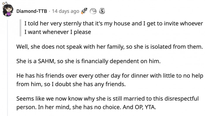 The wife is a stay-at-home mom and fully dependent on OP