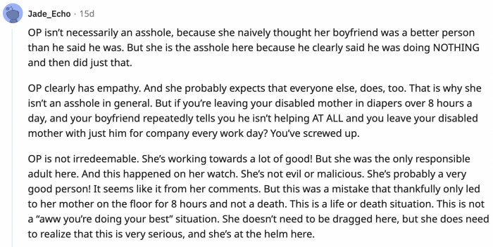 User Jade_Echo once again replied that she thinks OP is probably a good person, but she needs to see that she can only rely on herself.