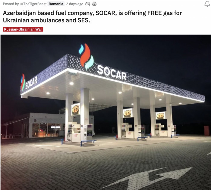 24. Azerbaijan-based fuel company SOCAR is offering free gas for Ukrainian ambulances and SES