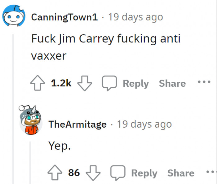 Jim Carrey for being an anti-vaxxer.