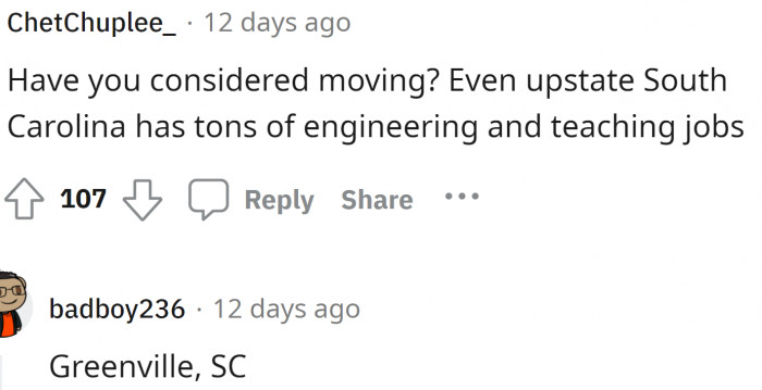 Then there are a couple of people suggesting moving to South Carolina.